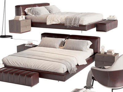 现代双人床 床头柜 床尾凳 休闲椅子