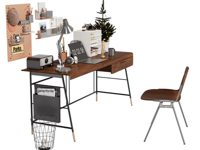 现代中古风书桌椅组合3d模型 现代中古风书桌椅组合