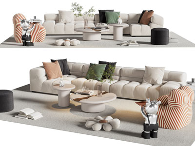 现代奶油风多人沙发 懒人沙发和茶几组合