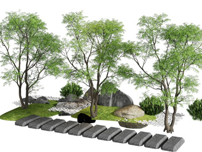 现代公园石径 树木 石头景观园艺小品