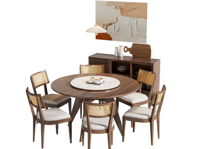 现代中古风圆形餐桌椅组合 餐边柜