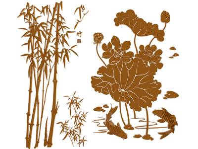 新中式竹子 荷花剪影 剪纸 墙贴