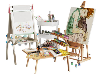 现代画架 颜料 画笔 绘画工具用品3d模型 现代画架 颜料 画笔 绘画工具用品