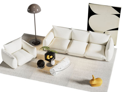 现代奶油风多人沙发 单人沙发和茶几组合