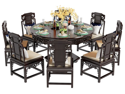 新中式圆形实木餐桌椅组合