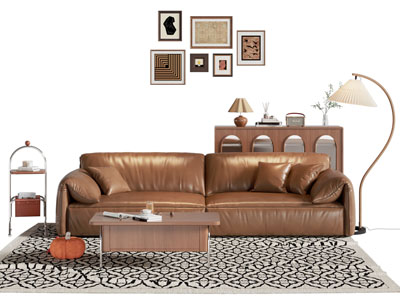 现代中古风双人沙发 餐边柜 茶几组合