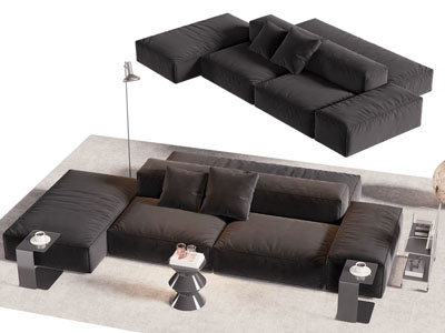 现代布艺转角多人沙发 边几角几3d模型 现代布艺转角多人沙发 边几角几
