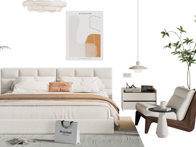 现代奶油风双人床 床头柜