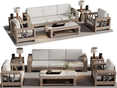 新中式多人 单人沙发和茶几组合