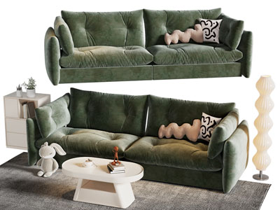 现代布艺双人沙发 边几 茶几组合