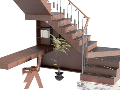 新中式转角楼梯间书桌椅组合3d模型 新中式转角楼梯间书桌椅组合