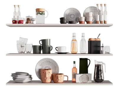 现代隔板上 碗碟 杯子 调料瓶餐具组合