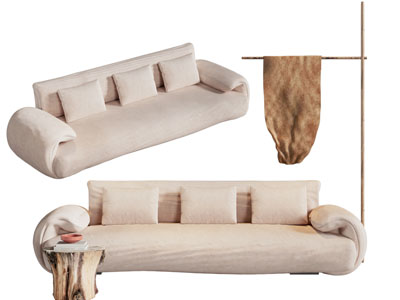 侘寂风多人沙发 边几3d模型 侘寂风多人沙发 边几