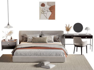 现代布艺双人床 书桌椅组合