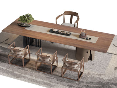 新中式长方形茶桌椅组合