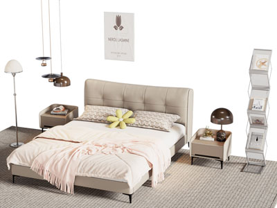 现代双人床 床头柜 书柜
