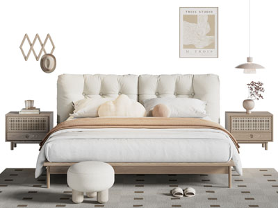 北欧奶油风双人床 床头柜