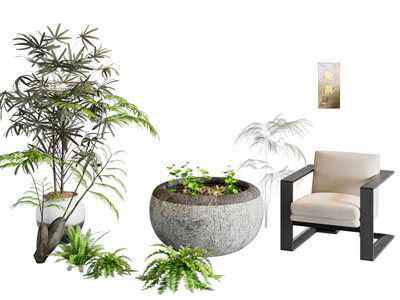 新中式单人沙发 荷花池 盆景盆栽