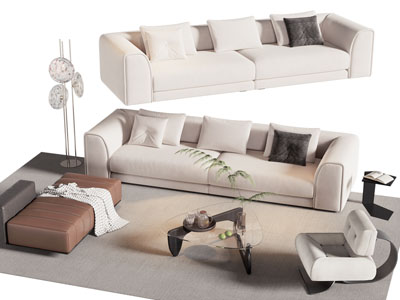 现代双人沙发 沙发凳子和玻璃茶几