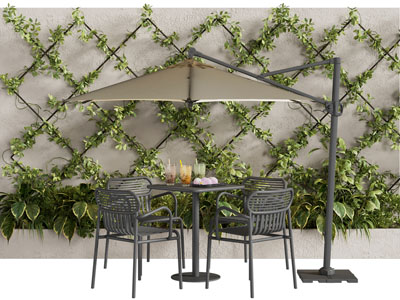 现代庭院植物墙 遮阳伞 休闲餐桌椅组合