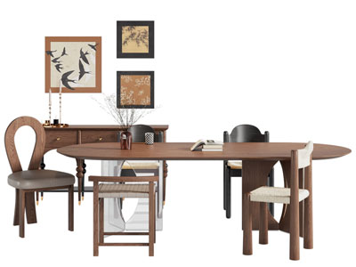 现代中古风边柜 椭圆形餐桌椅组合