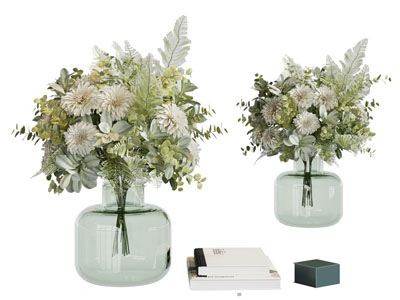 现代玻璃花瓶花卉 书本摆件组合