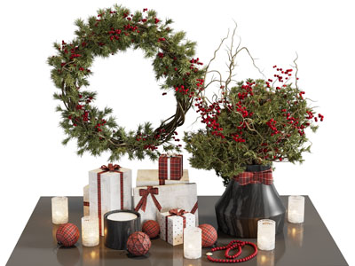 现代圣诞花环 花瓶花卉 礼盒摆件组合
