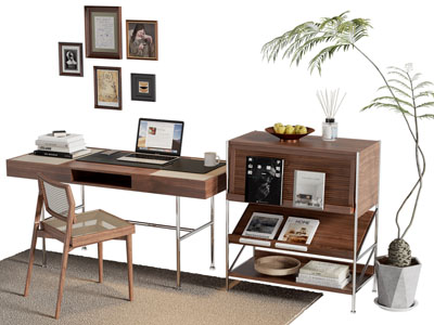 现代中古风书桌椅组合 书柜 挂画3d模型 现代中古风书桌椅组合 书柜 挂画