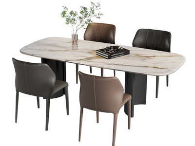 现代长方形圆角餐桌椅组合