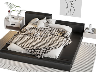 现代黑色榻榻米双人床 床头柜