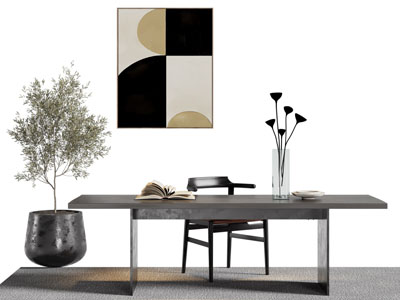 现代长方形书桌椅组合3d模型 现代长方形书桌椅组合