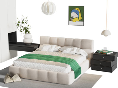 现代奶油风双人床 床头柜 衣柜