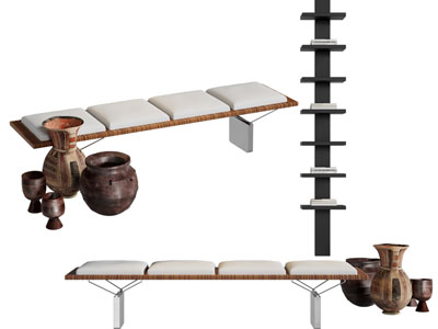 侘寂风沙发凳子 书架 陶艺器皿摆件组合