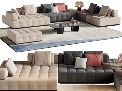 现代布艺多人沙发 沙发凳和茶几组合
