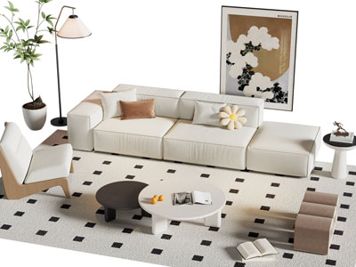 现代奶油风多人沙发 茶几组合3d模型 现代奶油风多人沙发 茶几组合