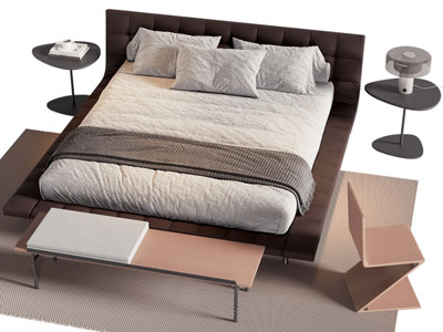 现代双人床 床头几 床尾凳