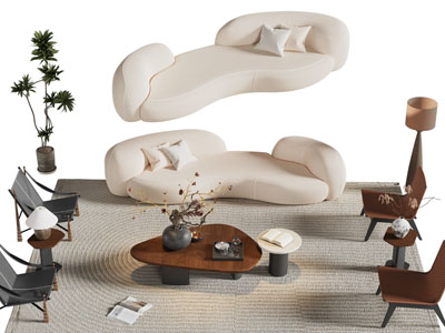 现代中古风奶油风异形沙发 休闲椅子和茶几组合