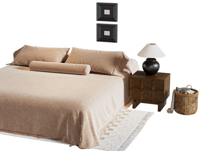 侘寂风无床头双人床 床头几 挂画