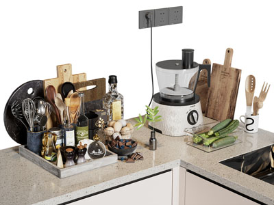 现代厨房调料瓶 砧板 榨汁机摆件组合