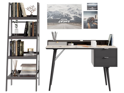 现代书桌 书柜 装饰挂画3d模型 现代书桌 书柜 装饰挂画