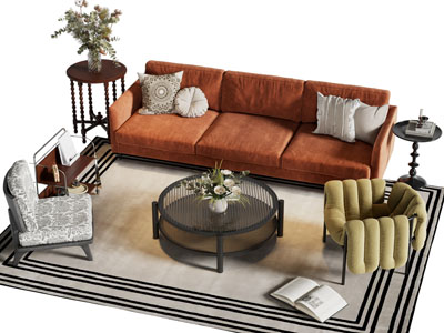 法式多人沙发 休闲椅子和茶几组合