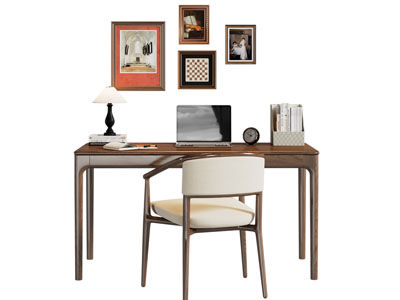 现代中古风书桌椅组合3d模型 现代中古风书桌椅组合