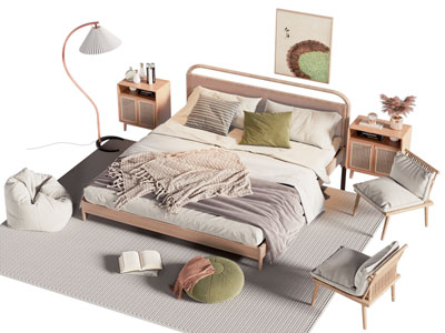 日式双人床 床头柜 休闲椅子