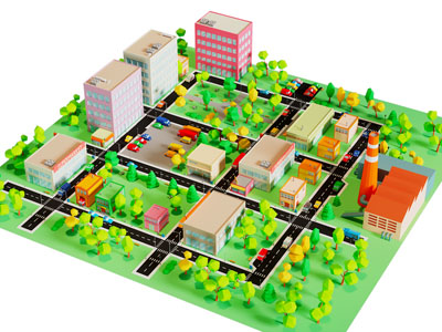 现代卡通城市场景 城市沙盘 小镇建筑