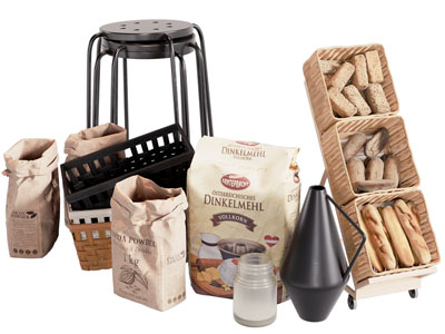 现代超市面包 面粉 竹篮收纳筐 摆件组合