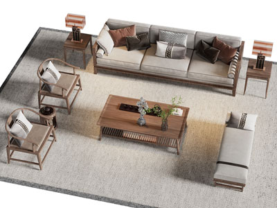 新中式实木多人沙发 休闲椅子和茶几组合