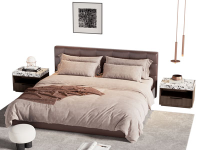 现代中古风布艺双人床 床头柜