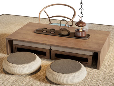新中式茶几 蒲团坐垫 茶具杯子