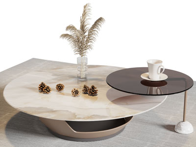 现代圆形大理石拼接玻璃茶几边几