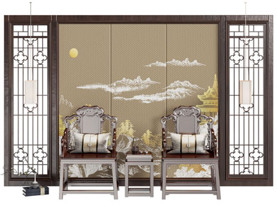 新中式扶手椅子 边几 背景墙